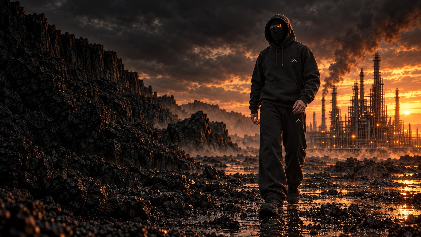 Masked athlete wearing the black relaxed gym hoodie and black everyday sports pants in a rocky industrial landscape